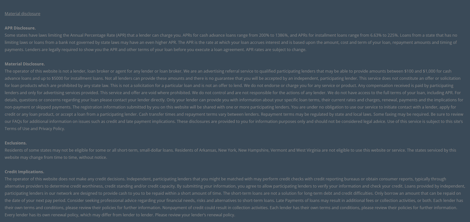 Material disclosure for payday loans in West Jordan Utah